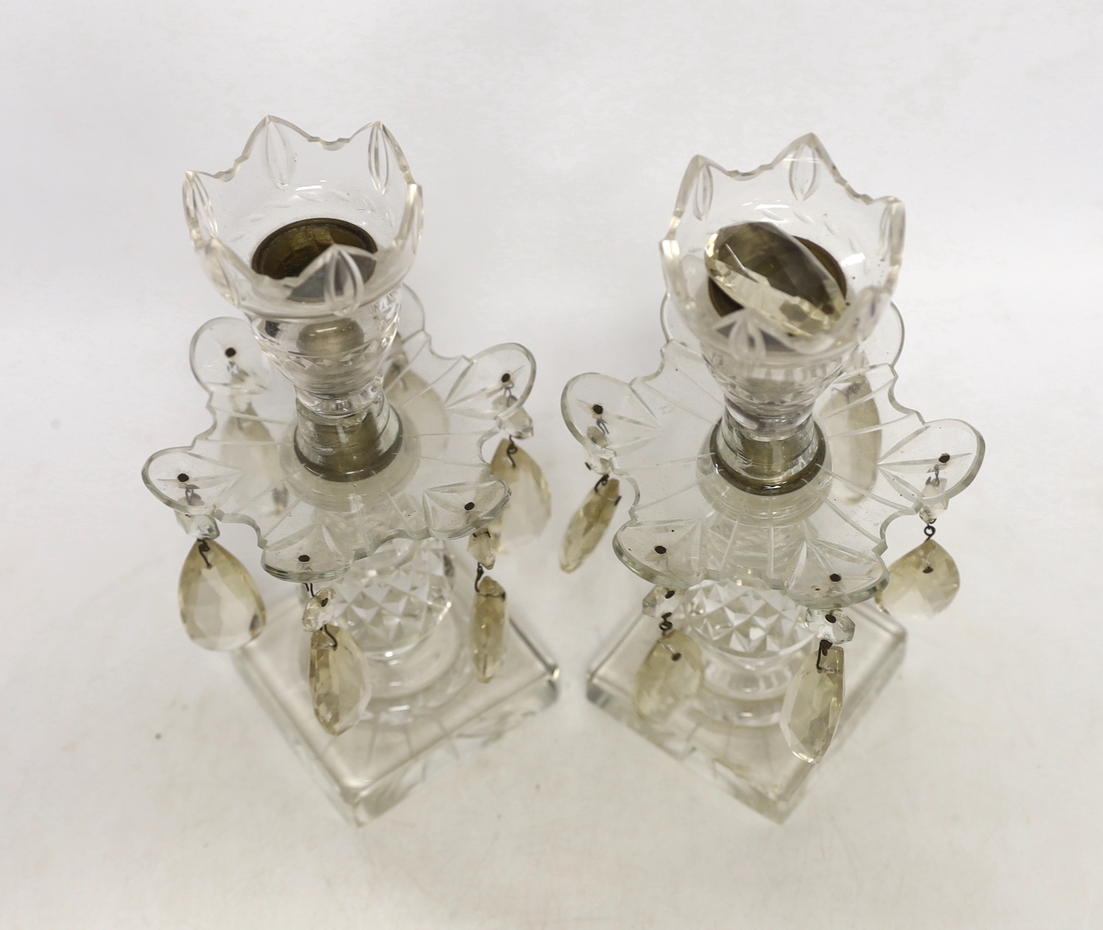 A pair of Victorian cut glass candlestick lustres, 24cm high